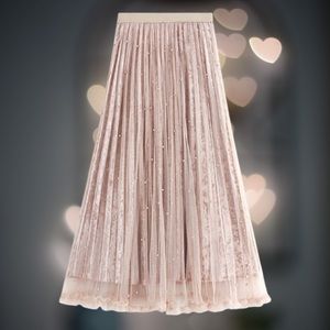 Women's Stretch Waist Shimmer Velvet Beaded Tulle Pleated A Line Skirt